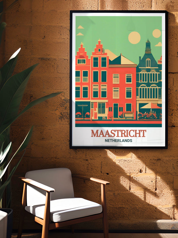 Netherlands Wall Art showcasing the iconic Vrijthof Square in Maastricht. This framed art print offers a glimpse into the historical and architectural beauty of the square, making it an excellent Netherlands Gift. The high quality print ensures that the vibrant colors and fine details will last for years, adding a touch of history to any room