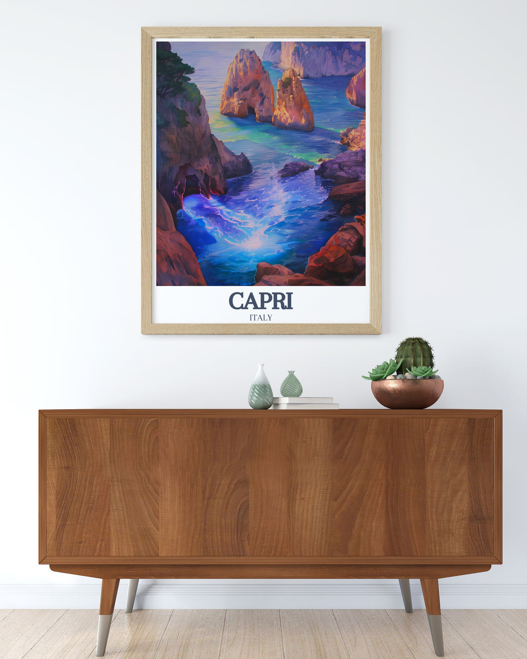 Fine line Capri city print featuring the iconic Faraglioni Rocks Blue Grotto and urban streets This stylish artwork brings together the best of city and nature making it a versatile addition to any home decor