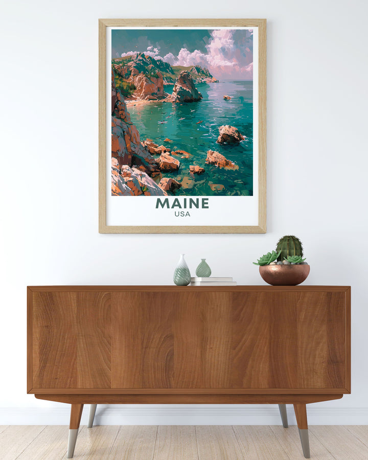 The stunning landscapes of Acadia National Park, Maine, are featured in this travel poster, capturing the parks dramatic cliffs, serene lakes, and lush forests. Perfect for those who appreciate natural beauty and outdoor adventure, this poster brings the essence of Acadia into your living space.