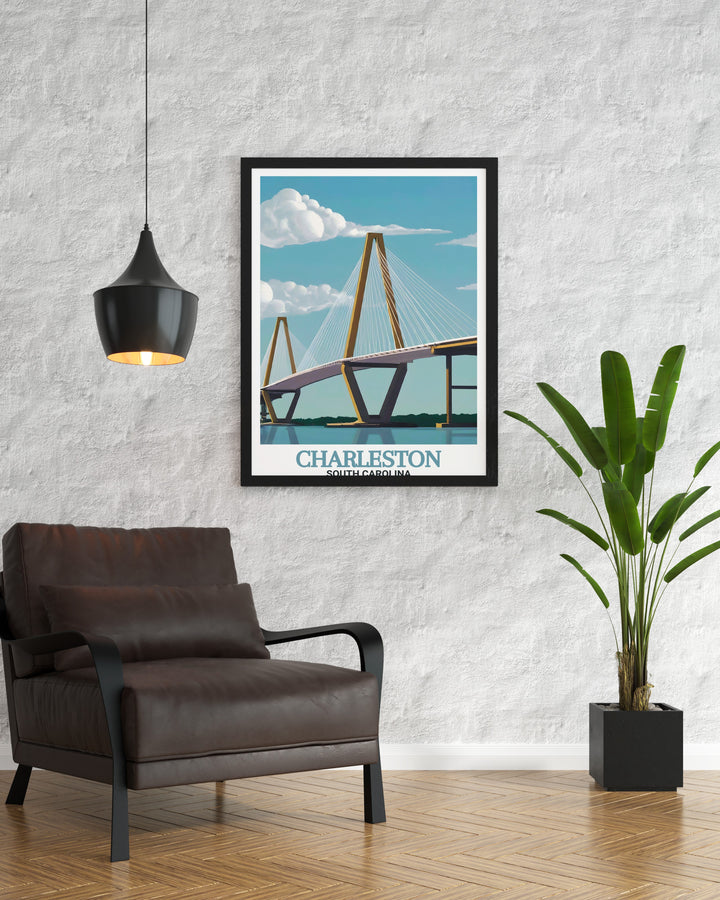 Charleston map featuring the Arthur Ravenel Jr. Bridge in a stunning travel poster print perfect for art lovers and travel enthusiasts looking to decorate their space with unique city art