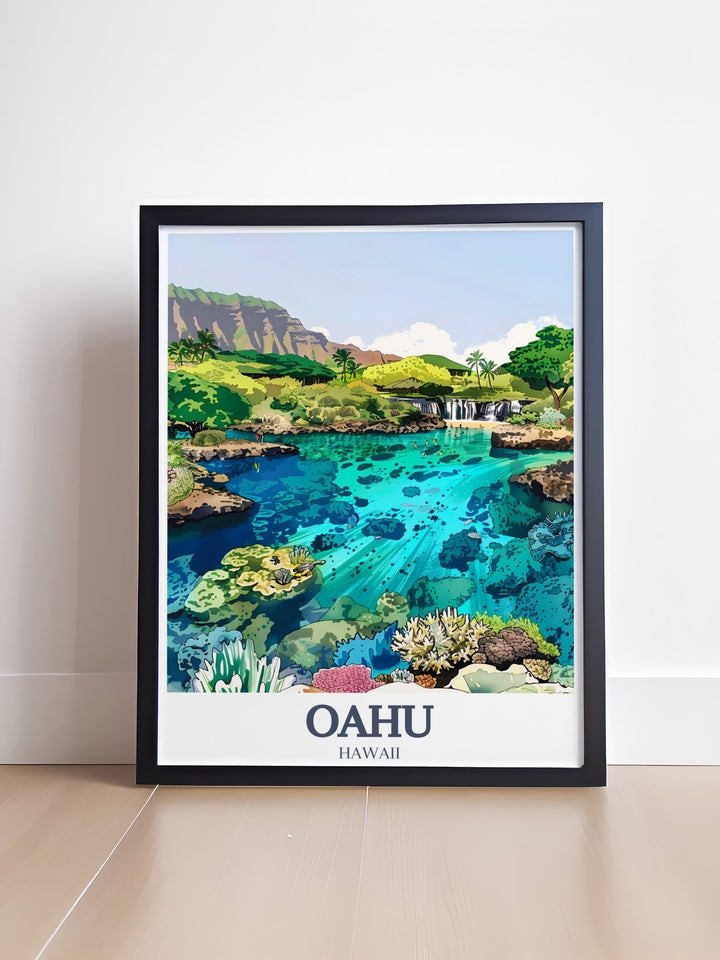 Bring the breathtaking beauty of Oahu into your living space with this Hawaii poster featuring Hanauma Bay and Manoa Falls. This travel print is perfect for creating a relaxing atmosphere and celebrating the islands stunning scenery.