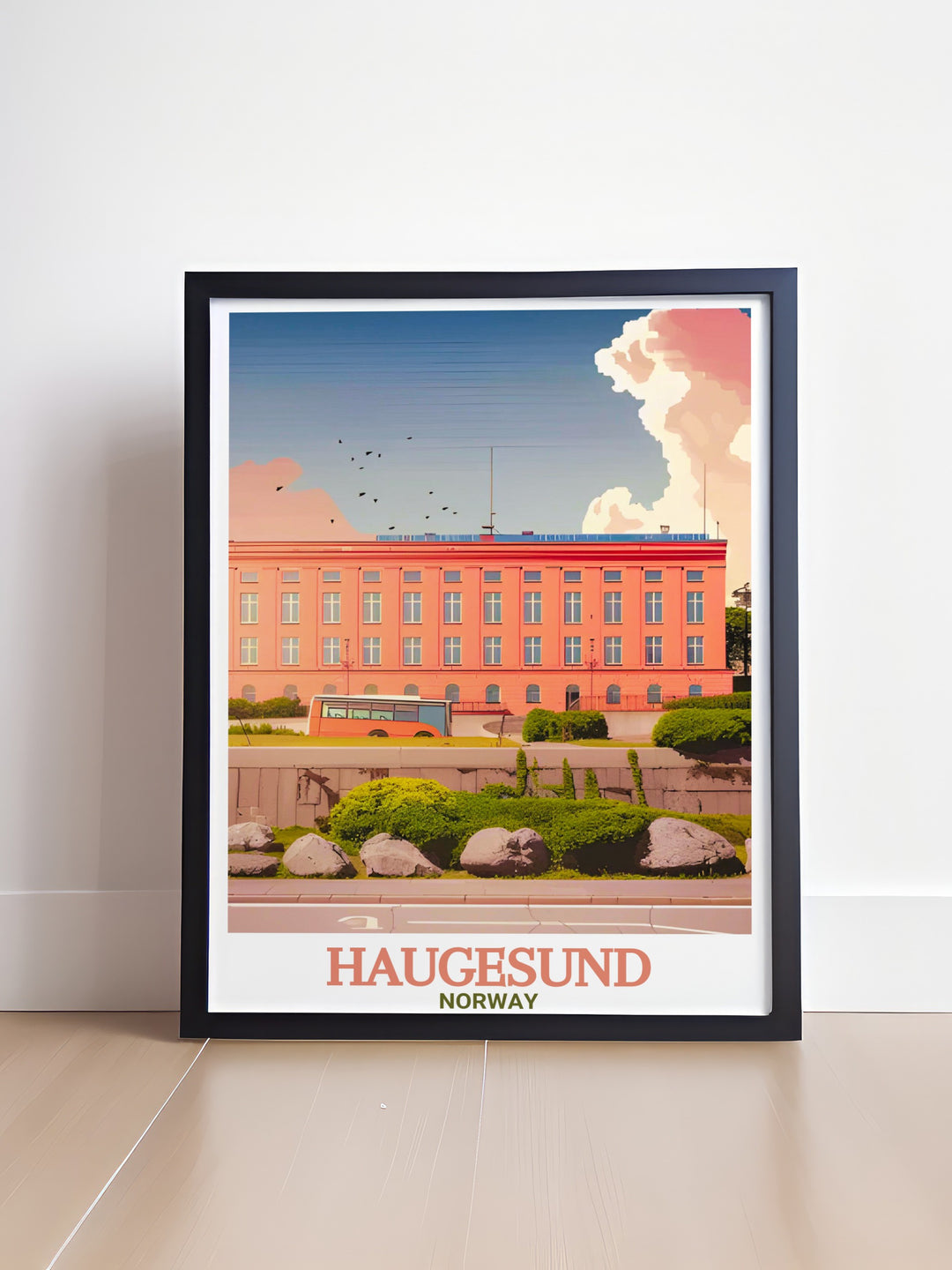 Capture the essence of Norway with this travel print showcasing Haugesund City Hall and Haraldshaugen, reflecting the towns Viking heritage and stunning coastal views. A perfect addition to any space.