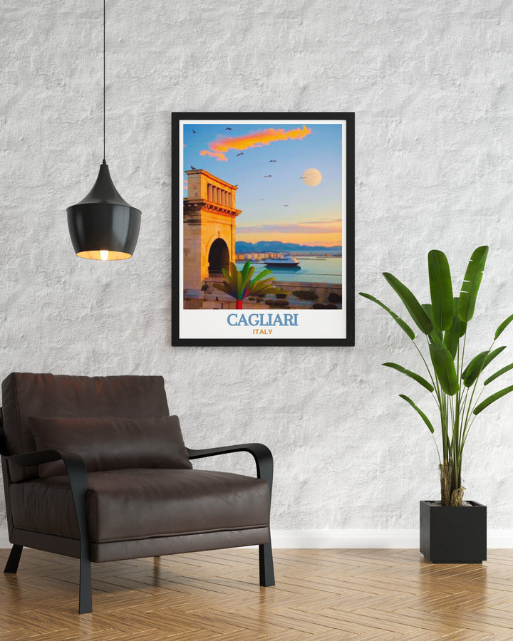 Cagliari Art Print captures the essence of the Bastione di Saint Remy, showcasing the rich history and breathtaking architecture of Italys famous city. This wall print is a wonderful gift for Italy lovers or anyone who enjoys unique travel artwork.