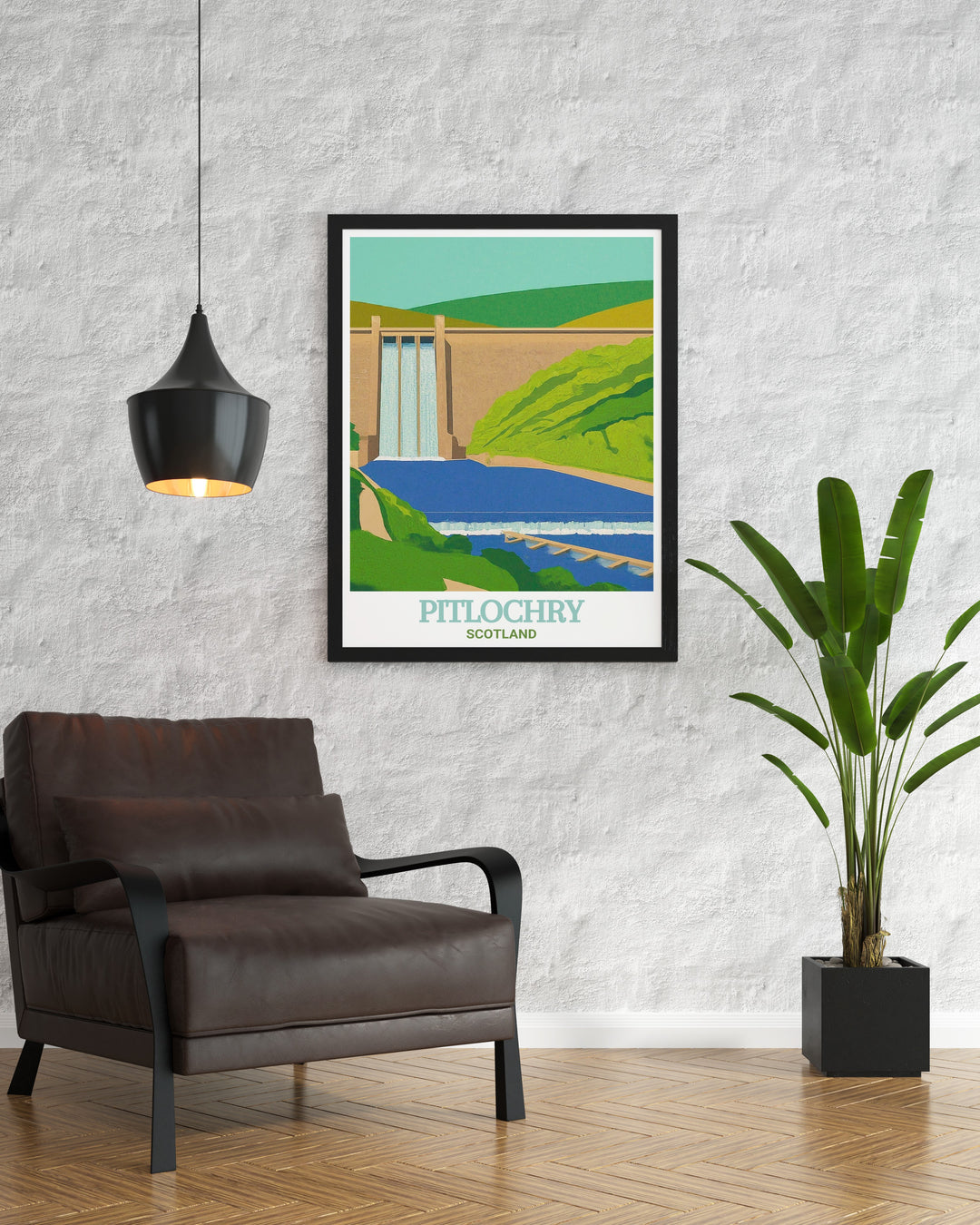 Pitlochry art print capturing the quaint charm of this Scottish town, with a focus on the Pitlochry Dam and its scenic surroundings. This home print is a wonderful way to bring a piece of the Scottish Highlands into your living space, ideal for nature lovers and those who appreciate Scottish history.