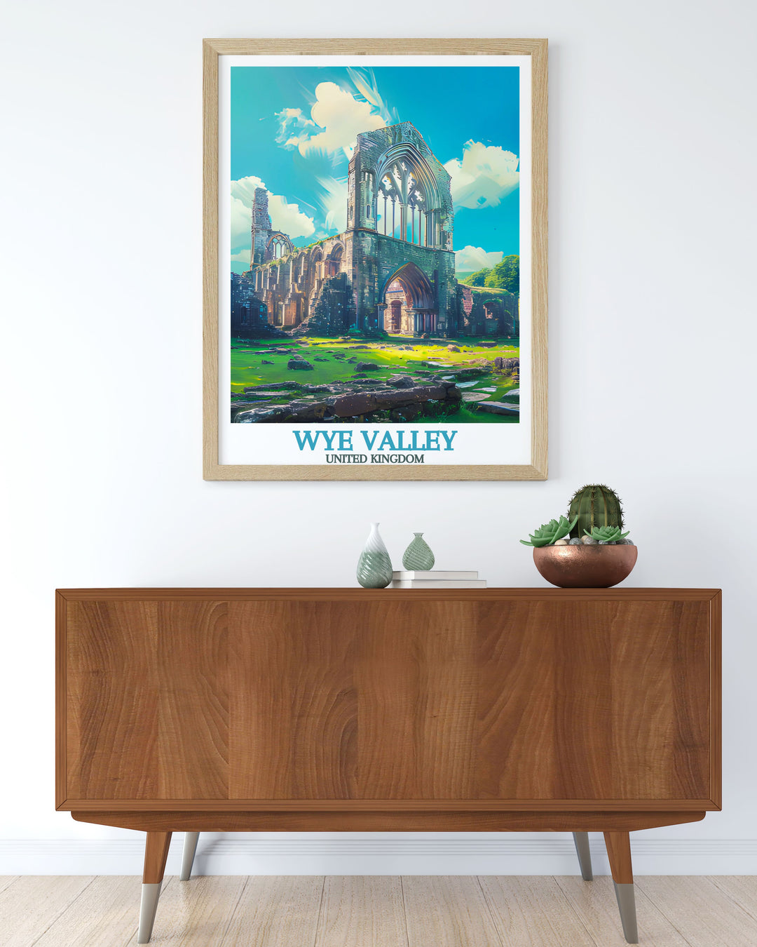 Retro railway poster style Tintern Abbey print showcasing the grandeur of this historic site. A sophisticated piece that adds a vintage charm to your nature wall art collection.