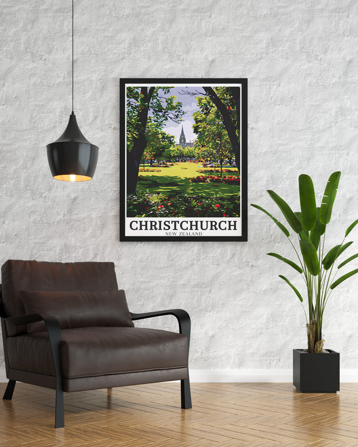 ChristChurch Cathedral and Christchurchs Botanic Gardens art print offers a stunning representation of New Zealands beauty perfect for adding a touch of elegance to your home décor or as a unique gift for someone who loves Christchurch and its landmarks.