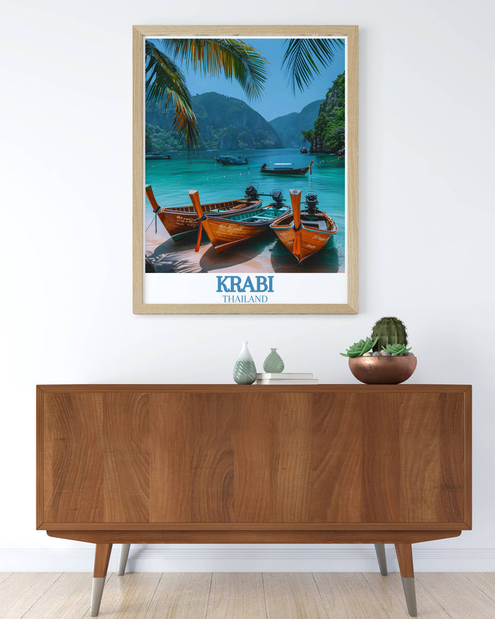 Bring the magic of Krabi Island and the Phi Phi Islands into your home with this beautiful wall art print featuring breathtaking scenes of sandy beaches and azure waters perfect for any room and a great travel gift for Thailand enthusiasts.