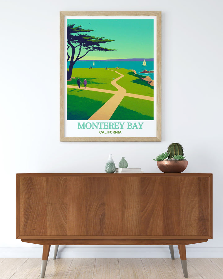 Stunning travel poster of Lovers Point Park in Monterey Bay, showcasing the breathtaking landscape of California. A perfect gift for nature and art lovers. The vibrant colors and intricate details capture the serene ambiance of this famous destination.