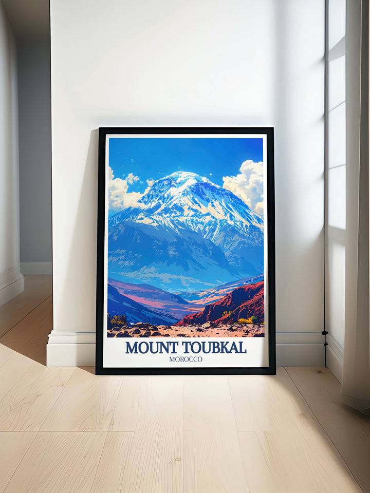 High Atlas mountains travel print featuring Mount Toubkal and lush valleys perfect for home decor or as a Moroccan gift ideal for adventure lovers and those who appreciate the beauty of the Atlas Mountains stunning and vibrant print showcasing Moroccos natural splendor.