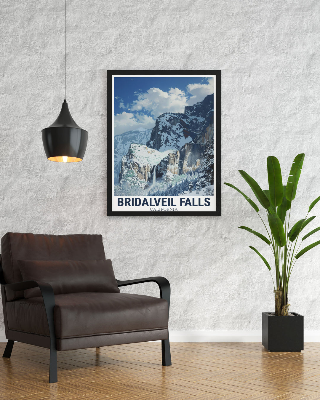 View from winter Bridalveil Falls poster showcasing the dramatic waterfall and snow covered surroundings. This California travel print is an excellent addition to any art collection or home decor bringing the beauty of Yosemite National Park into your living space.