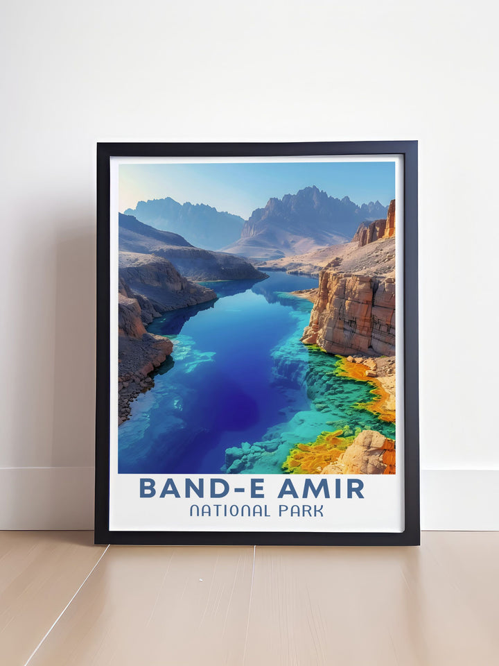 Band e Amir National Park travel poster capturing the essence of Afghanistans first national park with vivid colors and fine line details a perfect gift for travelers and nature lovers