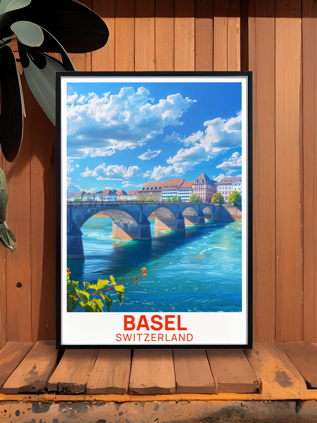 Mittlere Brucke modern art print perfect for adding elegance and charm to your living space a detailed and vibrant illustration of Basel Switzerlands iconic bridge makes a thoughtful gift for travelers and art lovers who admire Swiss architecture and history