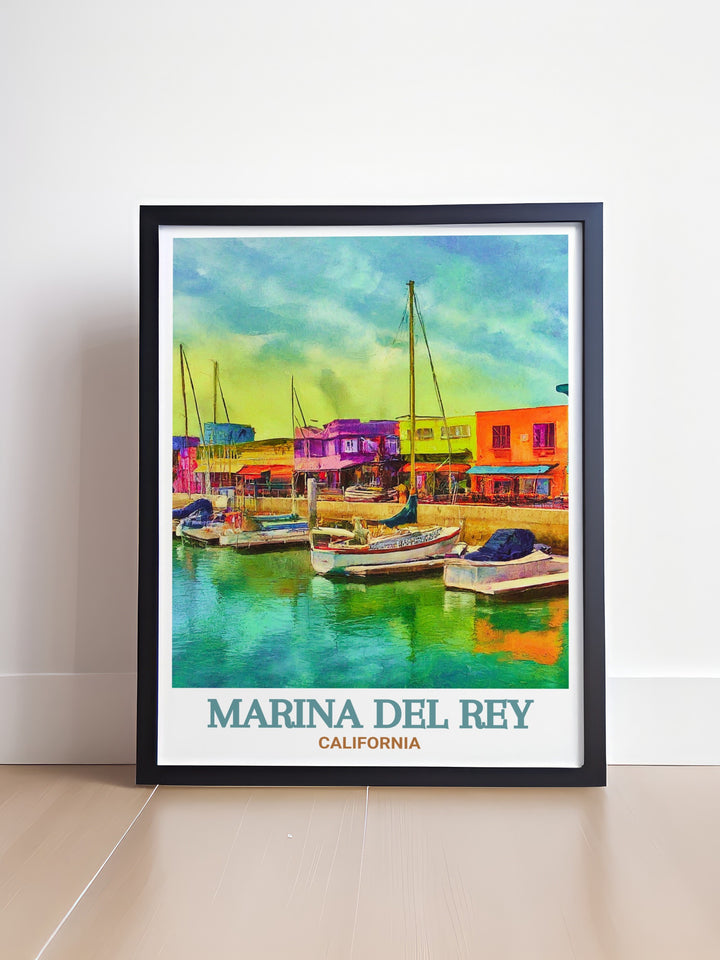 Stunning Marina del Rey travel print with a colorful street map design. Featuring Fishermans Village this fine line print adds a modern touch to any living space perfect for wall art decor and thoughtful gifts for friends family or special celebrations.