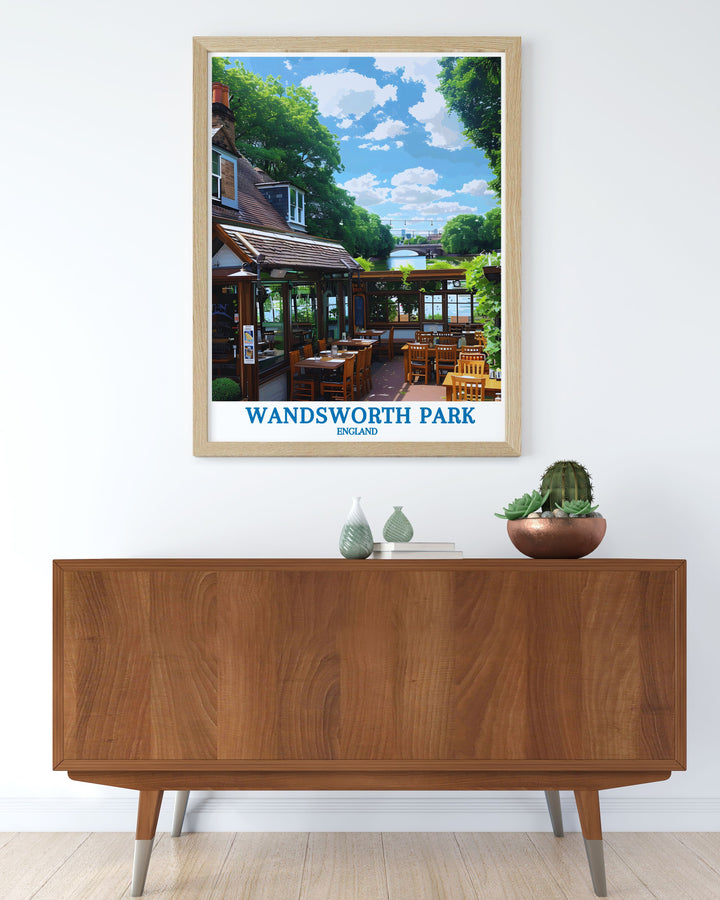 This canvas art piece features the scenic beauty of Wandsworth Park, highlighting its lush greenery and iconic bandstand. A perfect addition for those looking to enhance their home with a piece of Londons storied past and natural charm, its a testament to the citys green spaces and cultural heritage, offering a timeless aesthetic.