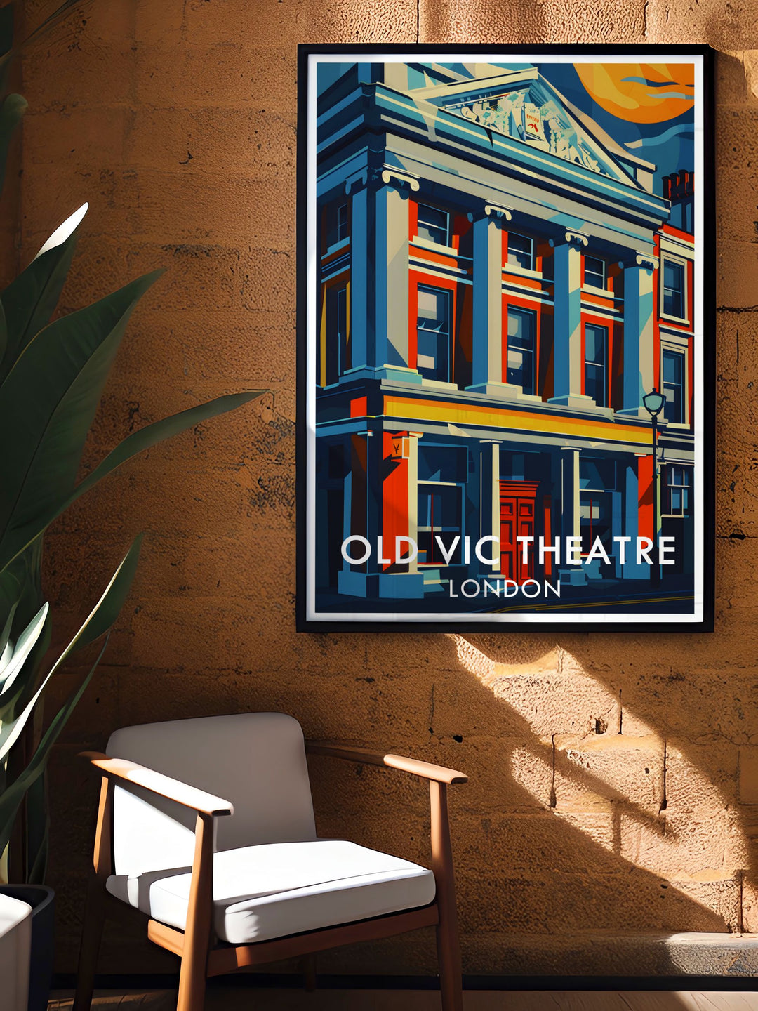 The Old Vic Theatres exterior facade is brought to life in this vibrant art deco travel poster. Perfect for anyone who loves Londons National Theatre or appreciates classic architecture, this retro art print is a great addition to any room or a thoughtful gift for theatre enthusiasts.