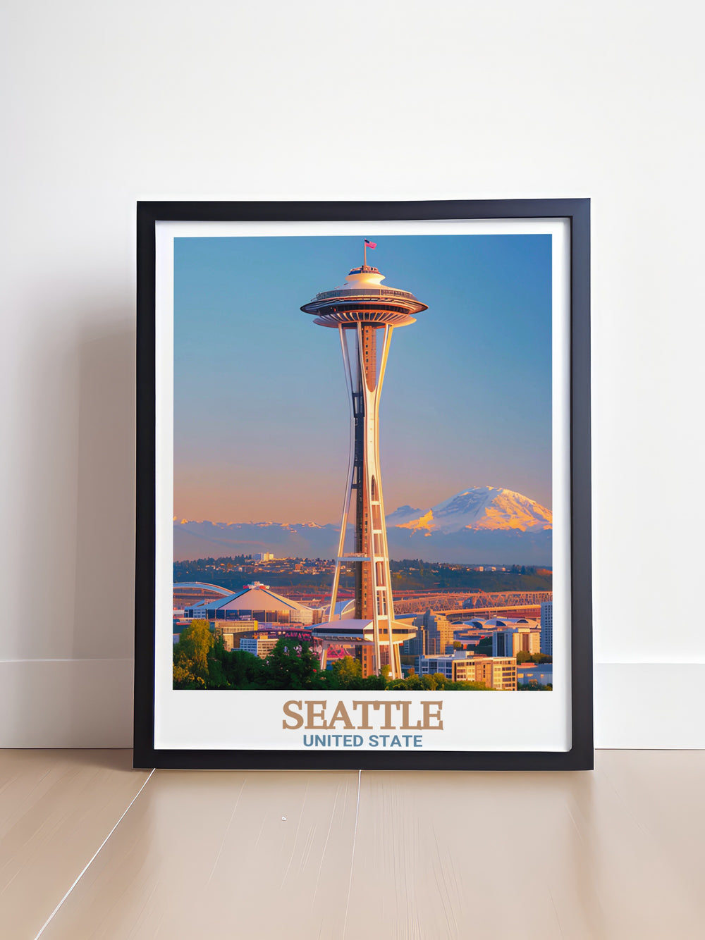 A detailed art print of Seattles Space Needle, capturing the iconic structure in all its glory. This travel poster showcases the landmark in front of the citys skyline, offering a modern yet timeless piece for Seattle enthusiasts.