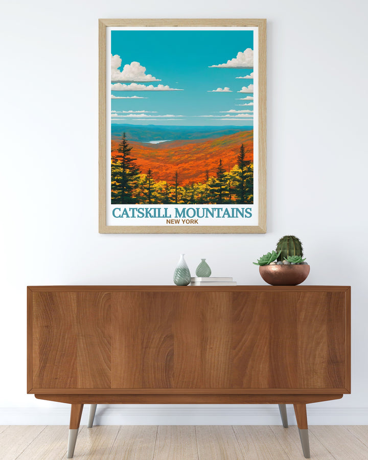 Catskill Park stunning prints make the perfect addition to any room. This Catskill Mountains travel poster showcases the scenic beauty of New York State. Ideal as a gift for travel enthusiasts or New York lovers seeking unique home decor.