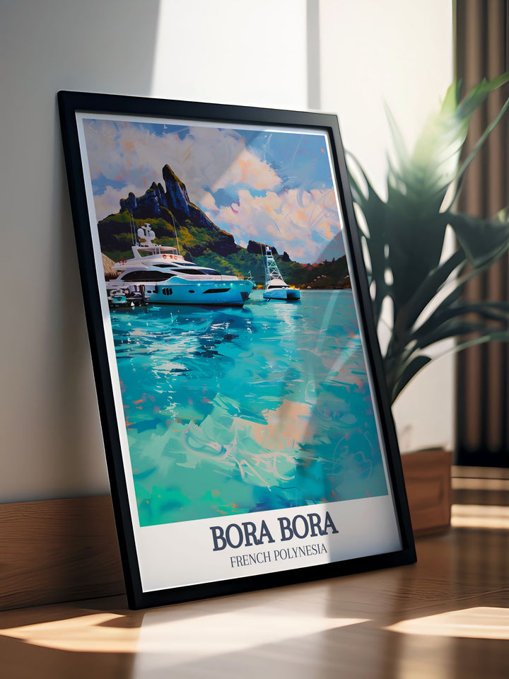 Travel print of Mount Otemanu Bora Bora Yacht Club featuring the picturesque landscapes of French Polynesia this Bora Bora poster is a must have for those who love art and collectibles and want to add a touch of tropical paradise to their space.