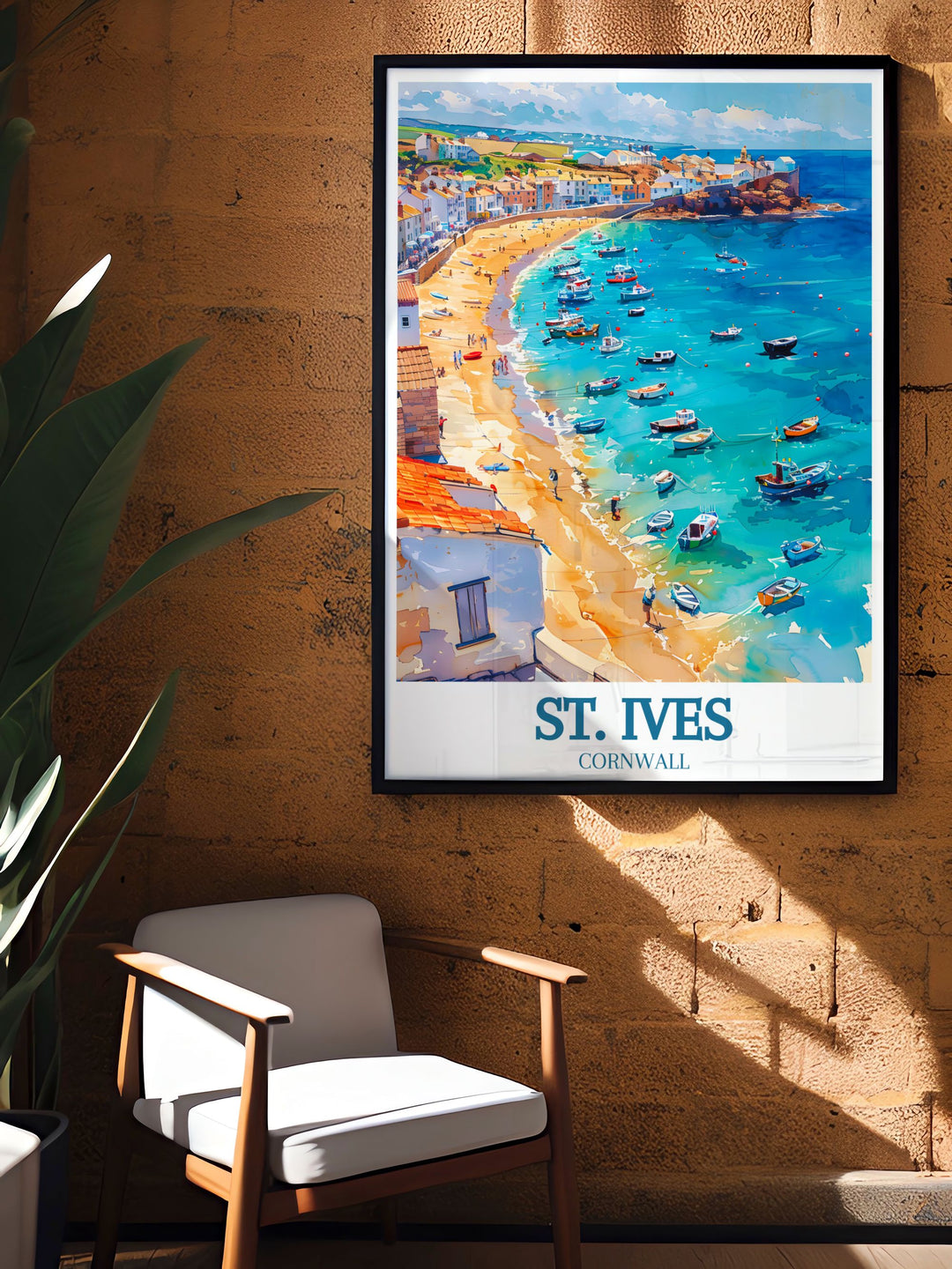 Porthmeor Beachs golden sands and clear waters are beautifully illustrated in this poster, inviting viewers to discover the beauty of Cornwalls coast.