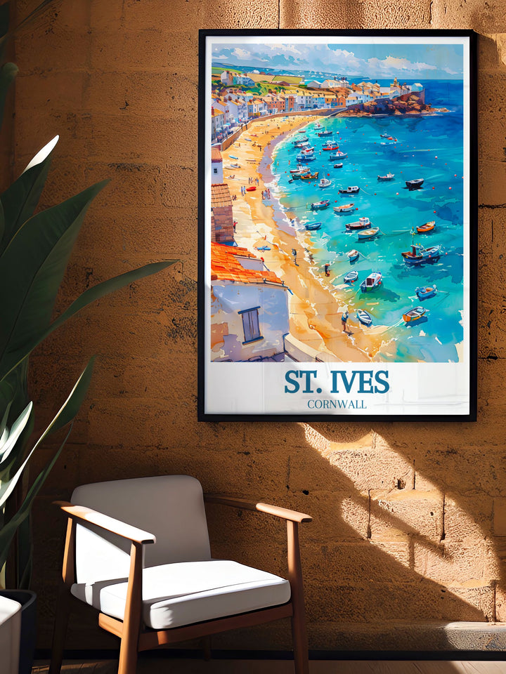 Porthmeor Beachs golden sands and clear waters are beautifully illustrated in this poster, inviting viewers to discover the beauty of Cornwalls coast.