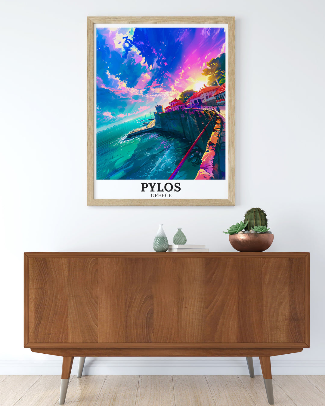 This Pylos Poster Print showcases the serene coastline of Pylos with the Ionian Sea and Messinian land creating a peaceful atmosphere in any living room bedroom or office perfect for adding a touch of Greek elegance to your decor