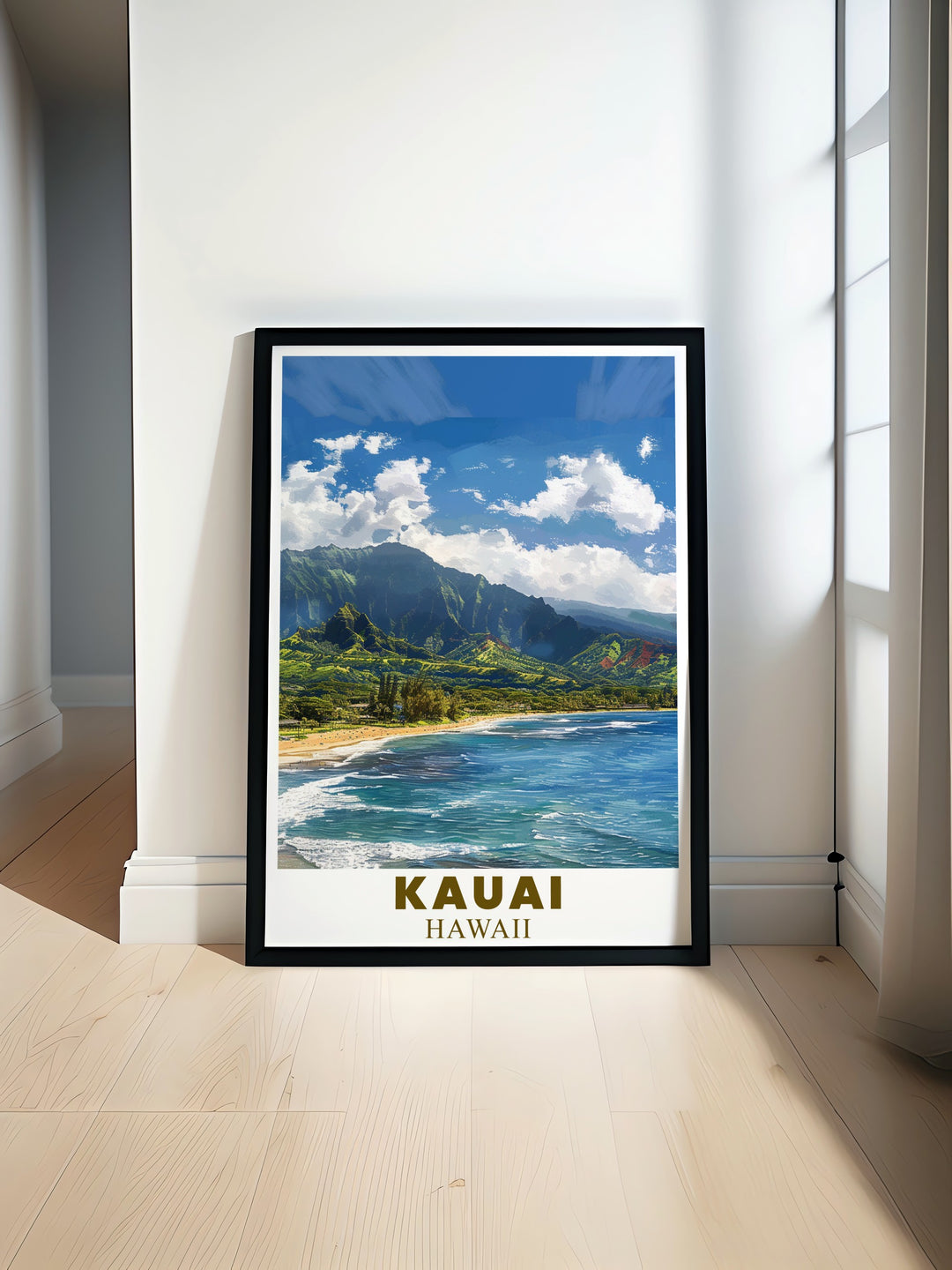 Decorate your space with this vibrant Kauai art print, highlighting the lush scenery of Hanalei Bay. This detailed and colorful artwork adds a touch of paradise to any room, making it a thoughtful gift for any occasion.