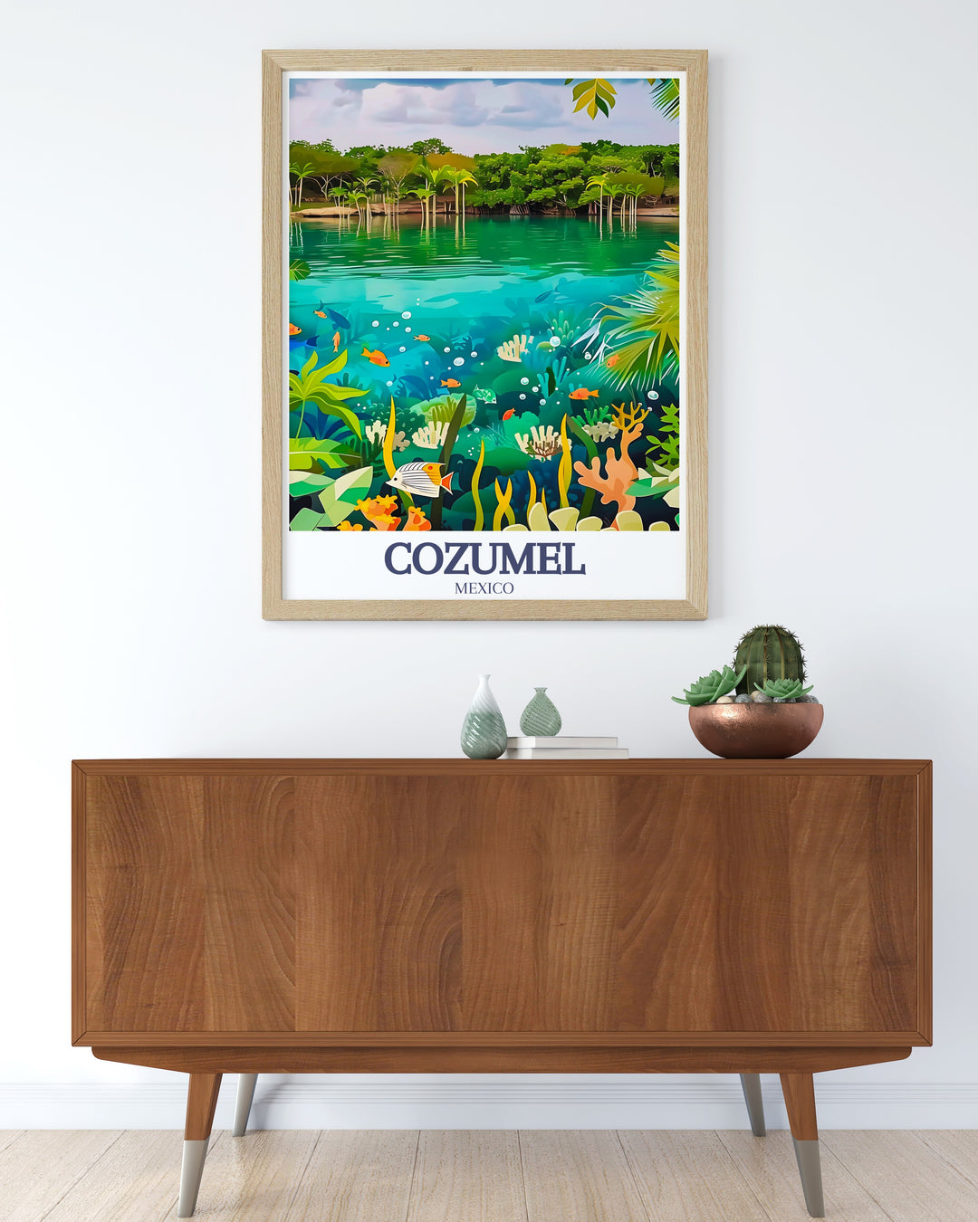 Cozumel Artwork featuring Palancar Reef and Chankanaab National Park ideal for enhancing your living room decor. The tropical vibes and coastal views of Cozumel Mexico are perfectly captured in this elegant print making it a standout piece for any room.