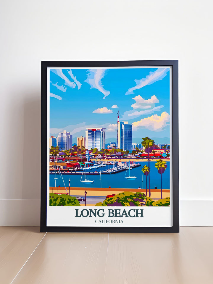 Belmont Shore Long Beach Downtown framed prints are the perfect wall decor for lovers of California cities. The vintage style and bold cityscape design make this travel poster ideal for personalized gifts or as a standout piece of modern home decor.