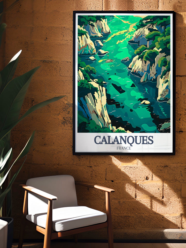 Bring the charm of the Mediterranean into your home with this Marseille print featuring the captivating Calanque de Sormiou and Calanque de Morgiou landscapes perfect for those seeking elegant home decor inspired by the serene coastlines of France.