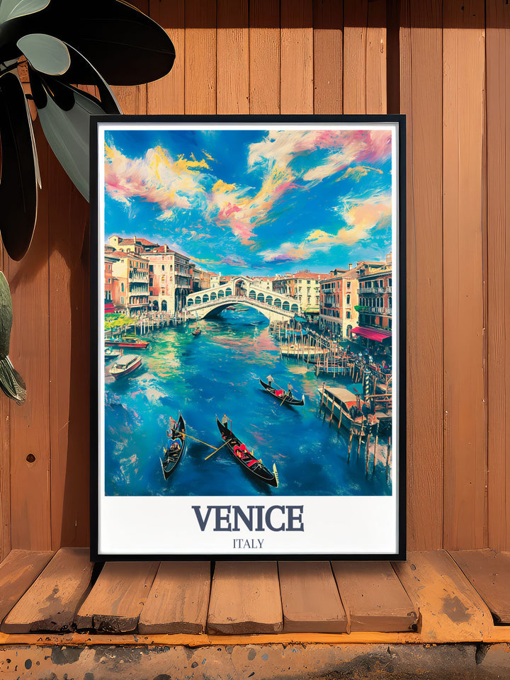 This framed art showcases the iconic Rialto Bridge and Grand Canal, capturing the timeless beauty of Venice. The perfect gift for travelers or Italy lovers, this vintage style poster brings the charm of Italys canal city into your home.