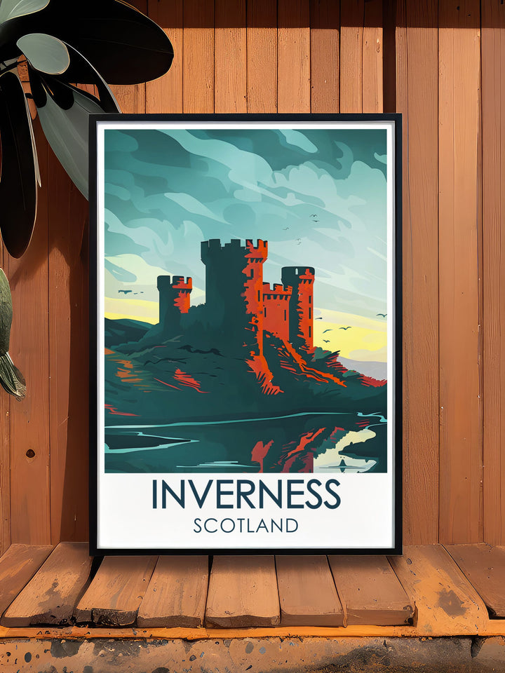 Framed art featuring the scenic beauty of Inverness, including detailed views of the historic castle, the serene River Ness, and the verdant landscape, perfect for adding a touch of Scottish heritage to any room.