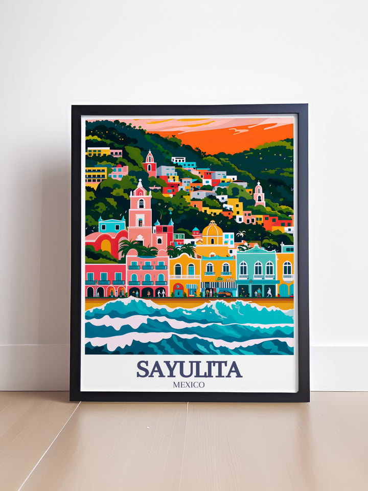 A fine line illustration of Sayulita, featuring the quaint Main Street and peaceful beach. This travel print adds a touch of elegance to any room, making it a perfect choice for coastal or tropical decor lovers.