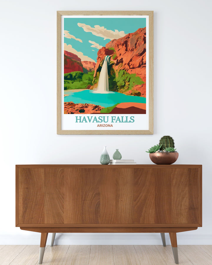 This Havasu Falls framed art brings the tranquility of Arizonas famous waterfall into your home. The vibrant colors and intricate details make it a perfect gift for anyone who loves nature and the stunning beauty of the American Southwest.