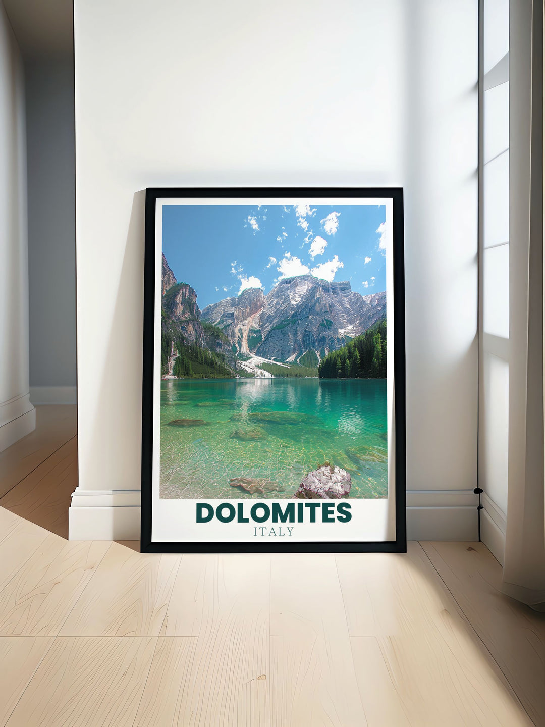 Stunning Lago di Braies Travel Poster showcasing the majestic beauty of the Dolomites Italy. Perfect for home decor and Italy travel enthusiasts. Enhance your living space with this captivating Italy wall art and bring a touch of nature indoors.