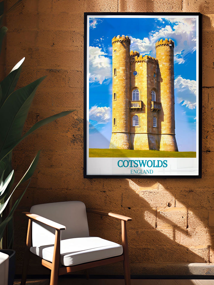 Bring the essence of the Cotswolds into your home with this beautiful travel poster of Broadway Tower, showcasing its striking presence and the lush greenery of the surrounding landscape.