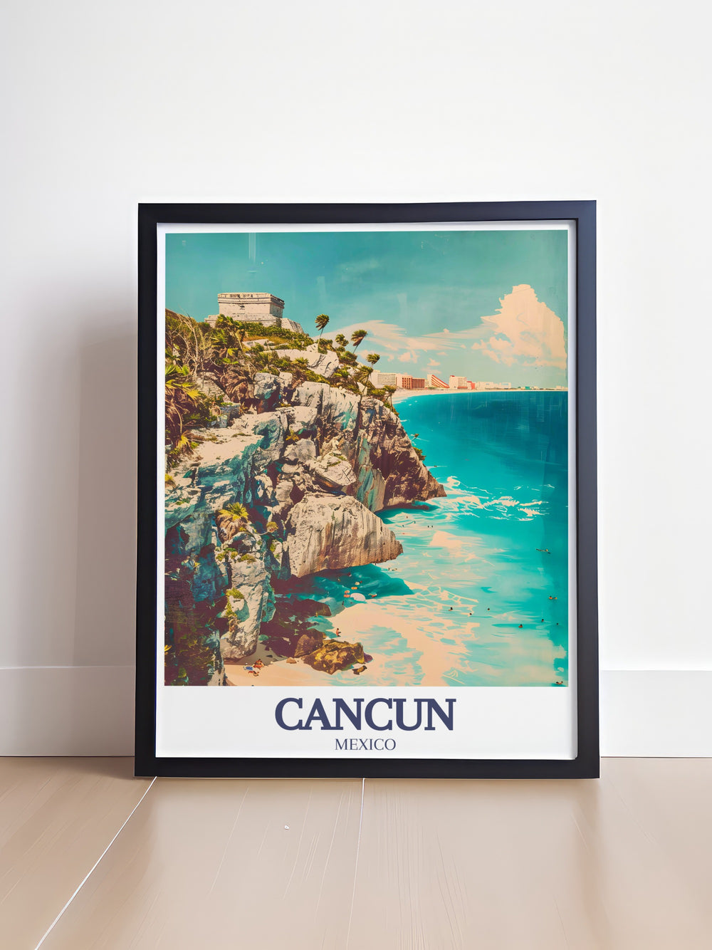 Stunning Cancun art print showcasing a black and white street map perfect for any room decor complemented by the beautiful Mayan ruins of Tulum Yucatan peninsula offering a blend of modern and historical elements in a fine line print