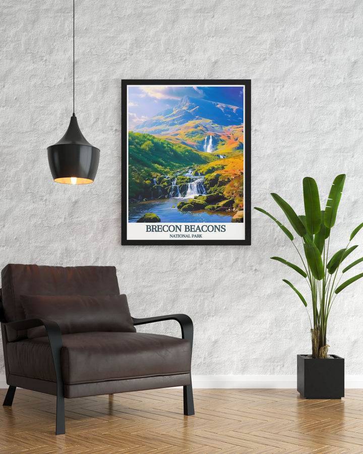 Pen Y Fan and Corn Du mountains in Brecon Beacons National Park featured in a beautifully designed vintage travel print. Ideal for lovers of Welsh landscapes and those who appreciate retro art styles in home decor