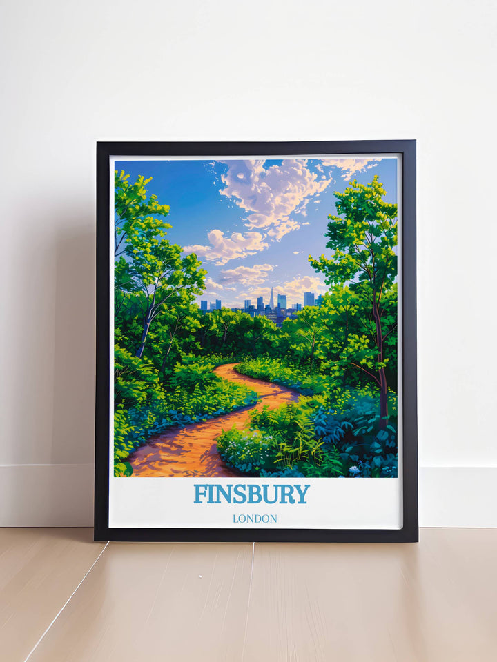 Enhance your space with a stunning Finsbury Park print. This London travel poster showcases the parks intricate layout and key landmarks. A perfect addition to any room, offering a touch of elegance and nostalgia with its retro travel poster style.