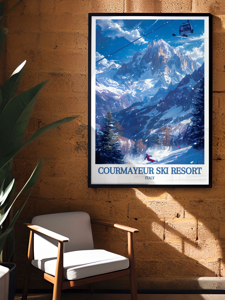 Highlighting the serene vistas of the Italian Alps and the vibrant skiing culture of Courmayeur, this travel poster is perfect for those who appreciate the scenic and adventurous richness of Italy.