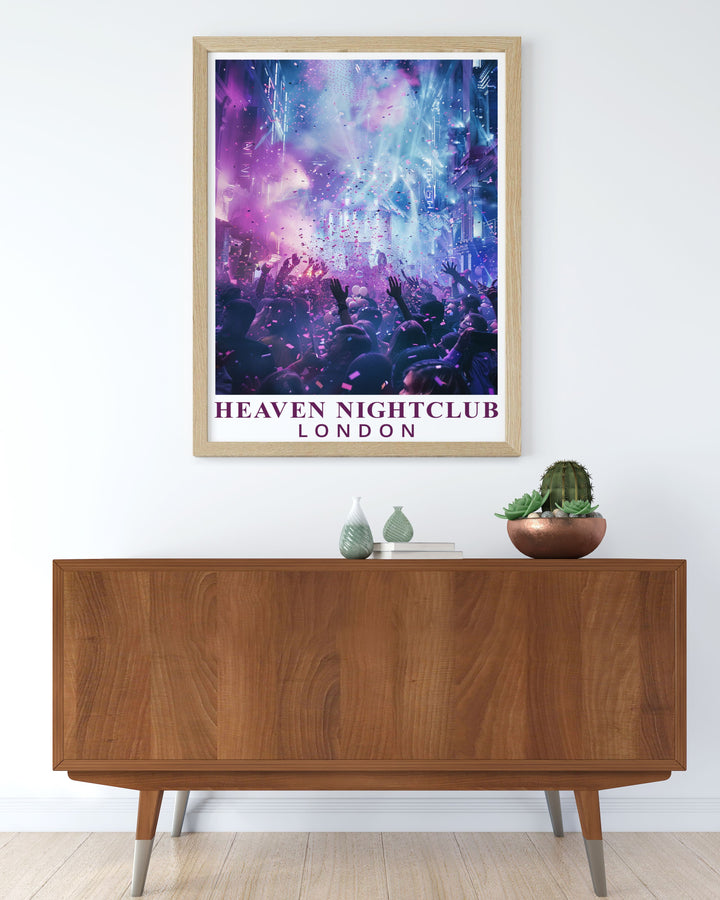 This travel poster of Heaven Nightclub highlights the vibrant atmosphere and historical depth of one of Londons most famous nightclubs, with a focus on the theme nights.