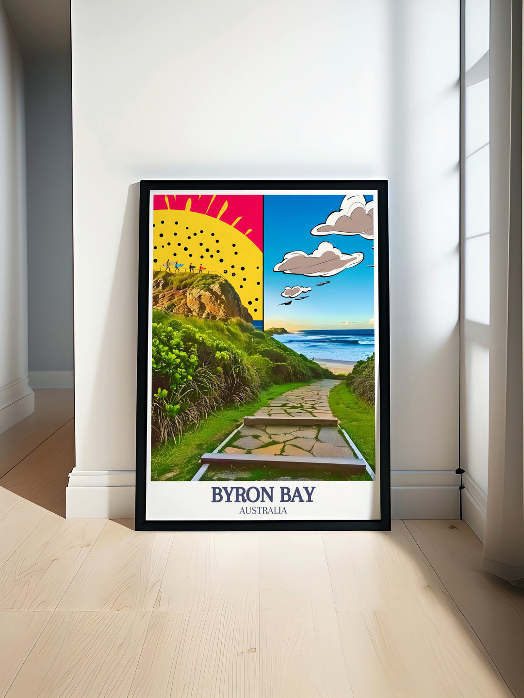 Byron Bay Print featuring Cape Byron Walking Track and Byron beach in vibrant colors perfect for enhancing home decor or as a thoughtful gift. Beautifully crafted wall art that captures the scenic beauty of Byron Bay and adds a splash of color to any room.