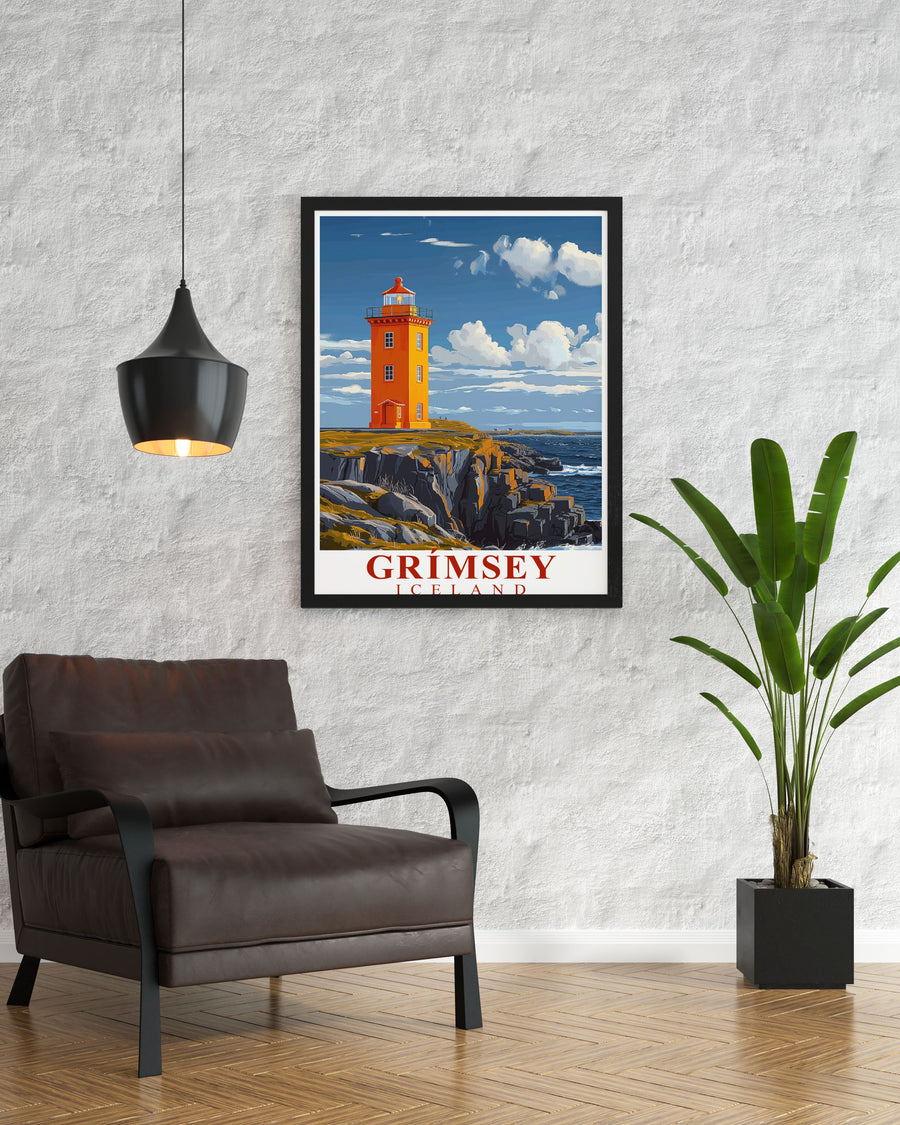 This Grimsey Poster Print captures the Grímsey Lighthouse under the mesmerizing Northern Lights. Perfect for anyone who loves Icelands Arctic landscapes, this travel print brings the beauty of Grimsey Island into your home.