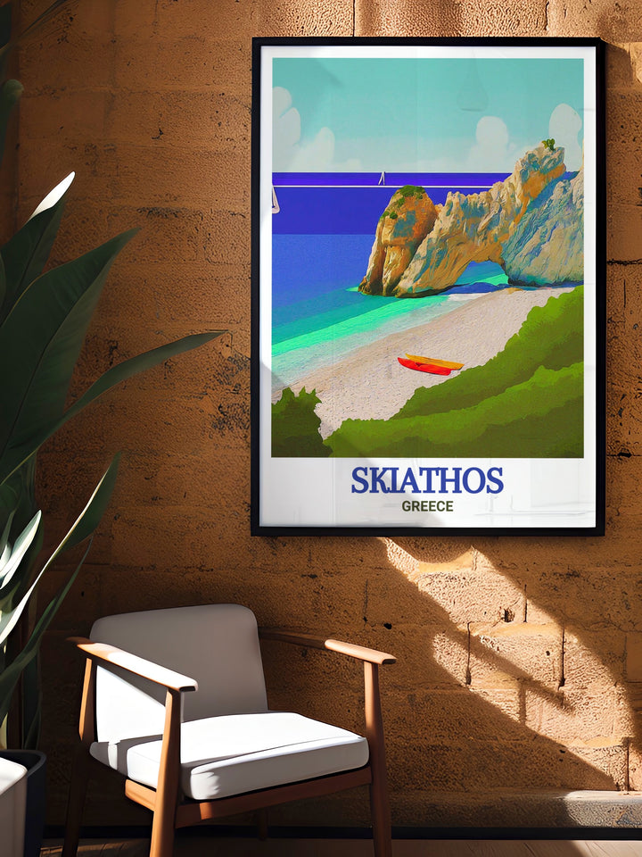 Lalaria Beach poster showcasing the stunning scenery of Skiathos Island. This high quality print features the pristine white pebbles, clear turquoise waters, and dramatic rock formations, perfect for any beach lover. Enhance your home decor with this beautiful artwork from Greeces iconic island.