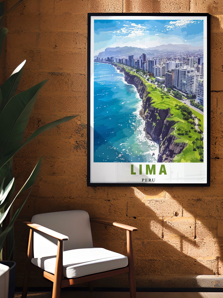 Capture the dramatic views of Limas Miraflores Cliffs with this beautiful travel poster. Perfect for home décor, this art print brings the natural beauty of Perus coastline into any room, making it an excellent choice for art collectors or travel enthusiasts.