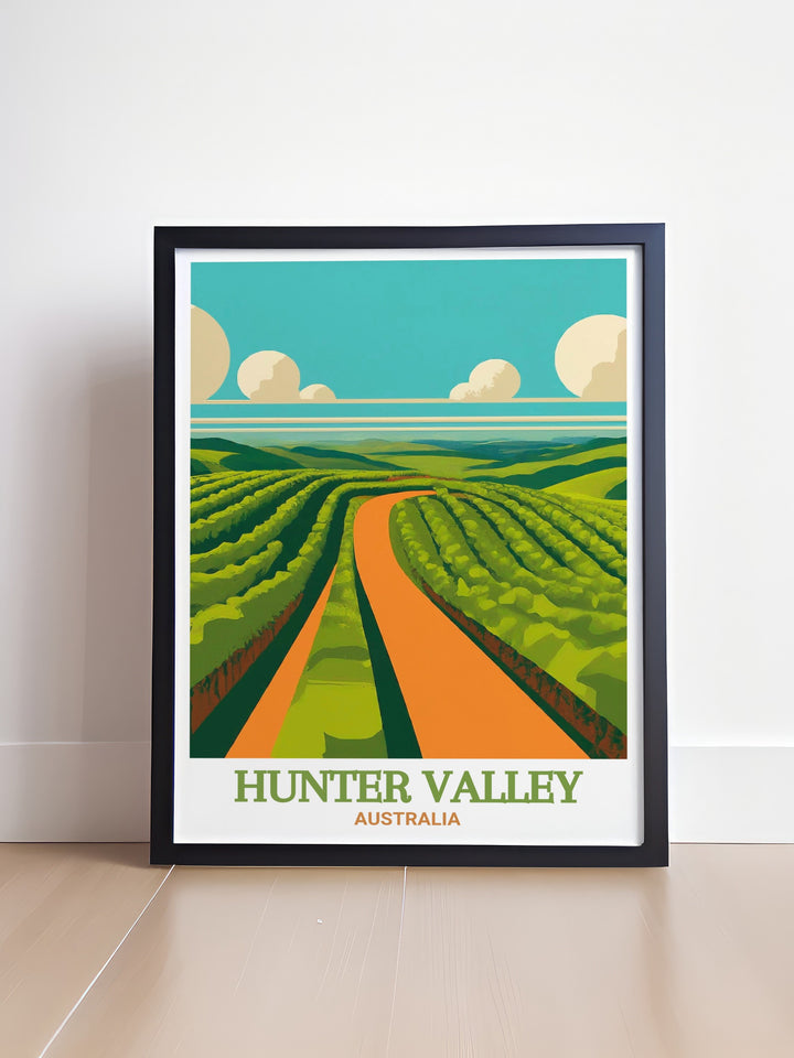 Stunning Australia travel art featuring Hunter Valley and Brokenwood Wines vineyards offering a unique and captivating addition to your home decor ideal for anyone looking for a piece of Australia to enhance their living room.