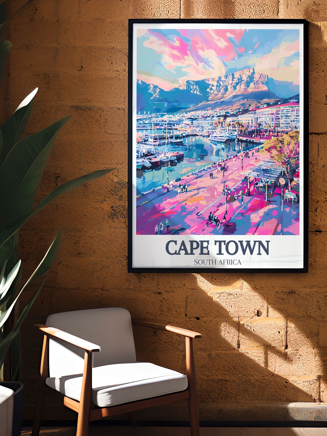 Stunning Cape Town art print featuring the iconic Table Mountain and Cape of Good Hope. Perfect for South Africa wall decor, this travel poster captures the essence of Cape Town and is a great addition to any home or office.