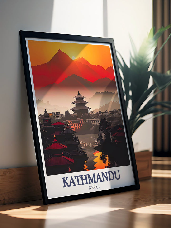 This travel poster highlights both the revered Pashupatinath Temple and the flowing Bagmati River, capturing the serenity and depth of Kathmandus rich history. Ideal for any traveler or spiritual art enthusiast.