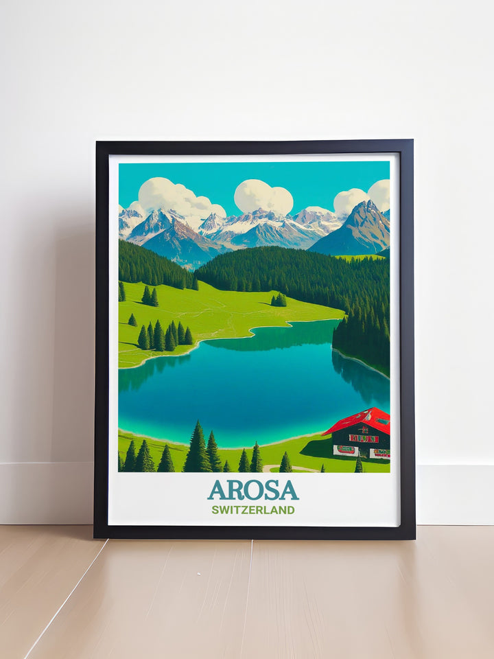 Arosa Custom Print featuring the vibrant winter sports culture and natural beauty of Arosa, Switzerland. The artwork brings out the best of the Alps, making it an excellent choice for those who appreciate the thrill of skiing and the tranquility of mountain landscapes