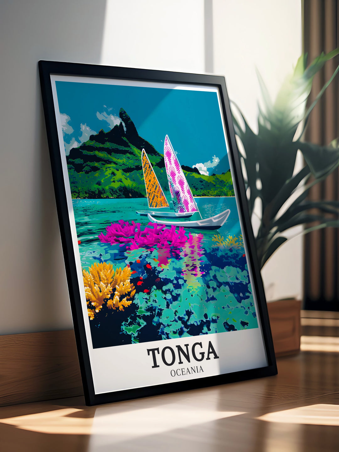 Elegant coral reef framed print featuring Tongan vaa canoes captures the serene beauty of ocean life and is perfect for sophisticated home decor