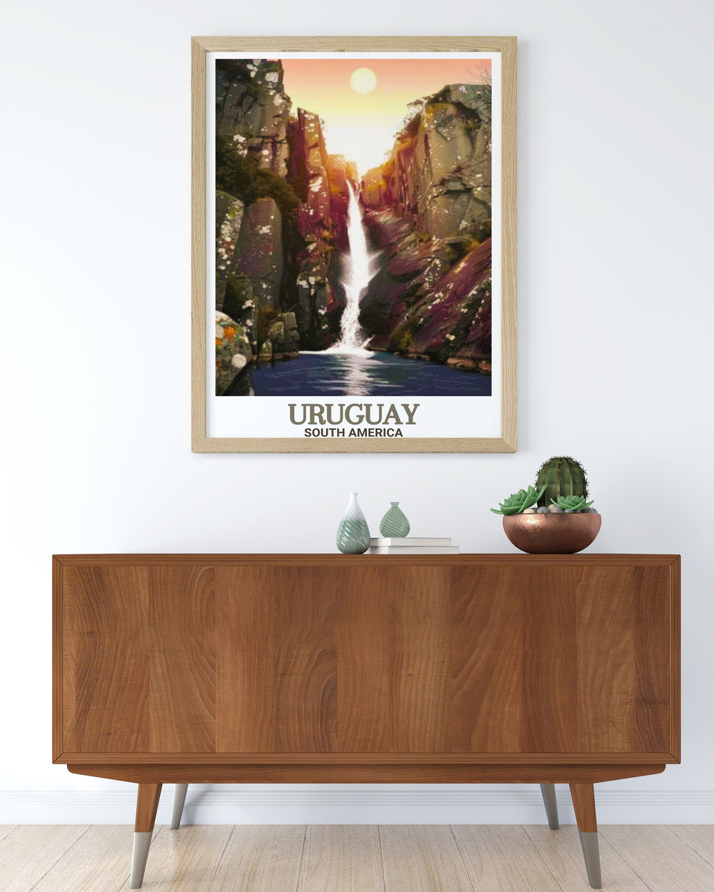 Uruguay wall art showcasing the bustling streets of Montevideo and the breathtaking waterfall of Salto del Penitente ideal for those who appreciate the blend of urban and natural beauty in their living space.